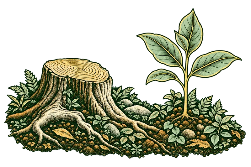 Ilustrasi simbolis satu tunggul, tanah terbuka, dan tanaman muda yang masih hidup.