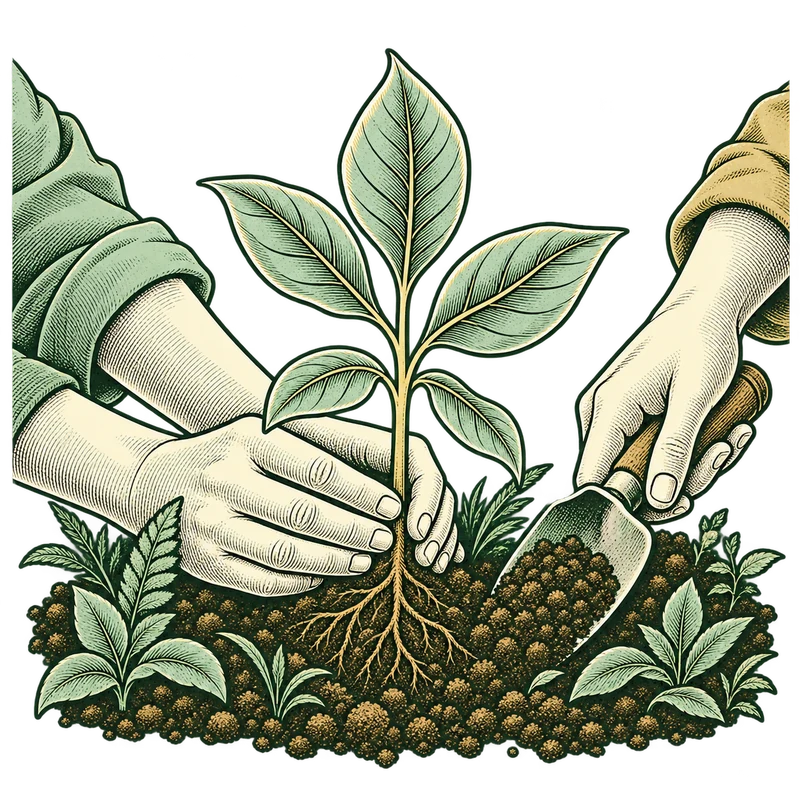 Ilustrasi dua orang berbagi tugas menanam satu bibit pohon.