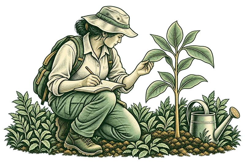 Ilustrasi konseptual seseorang mencatat pemeriksaan tanaman muda di buku lapangan.