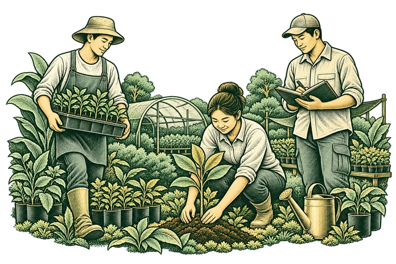 Ilustrasi konseptual tiga orang berbagi tugas membawa bibit, merawat tanaman dan mencatat.