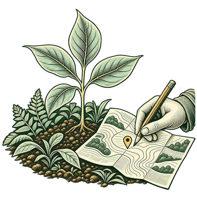 Ilustrasi konseptual bibit di titik tanam, penanda lokasi dan peta tanpa koordinat fiktif.