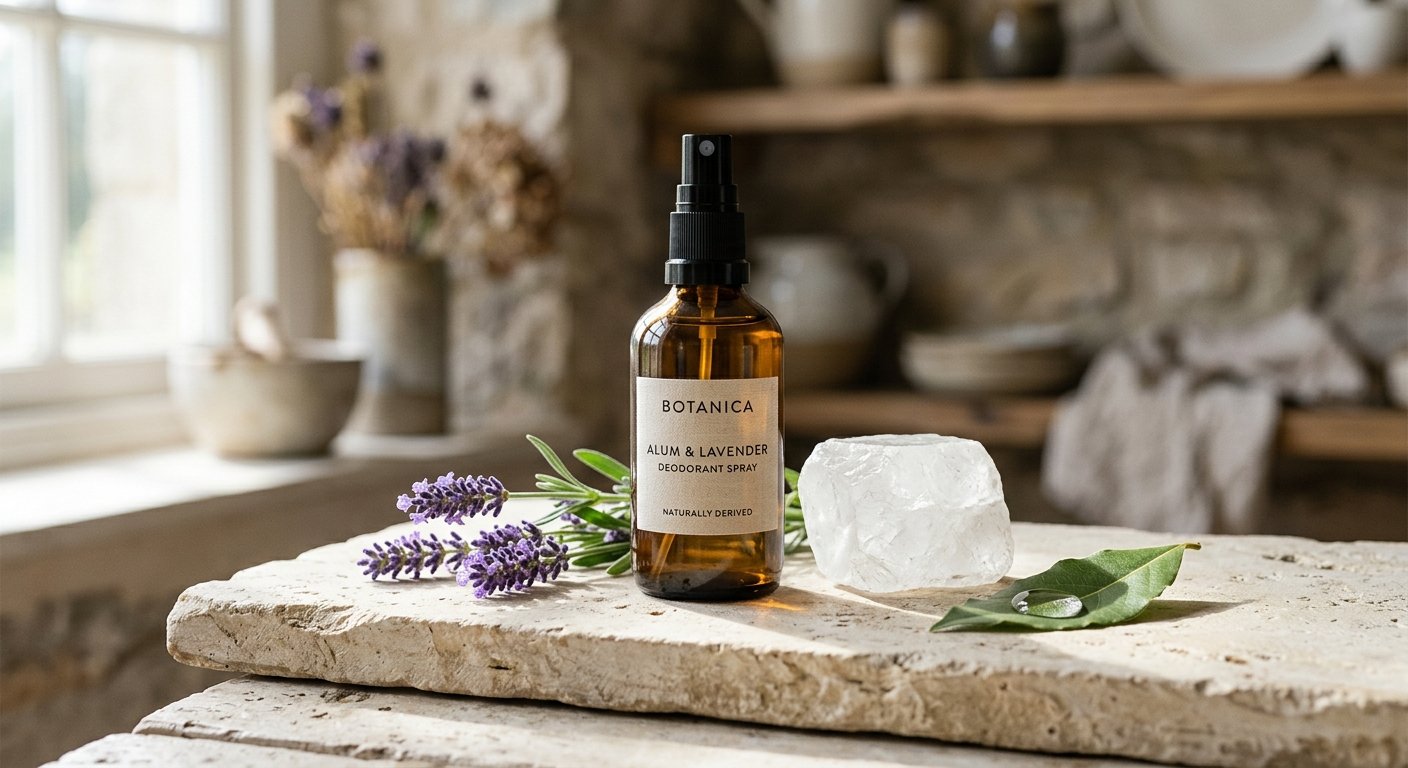 Botol deodorant spray Botanica Alum & Lavender bersama batu tawas dan tangkai bunga lavender