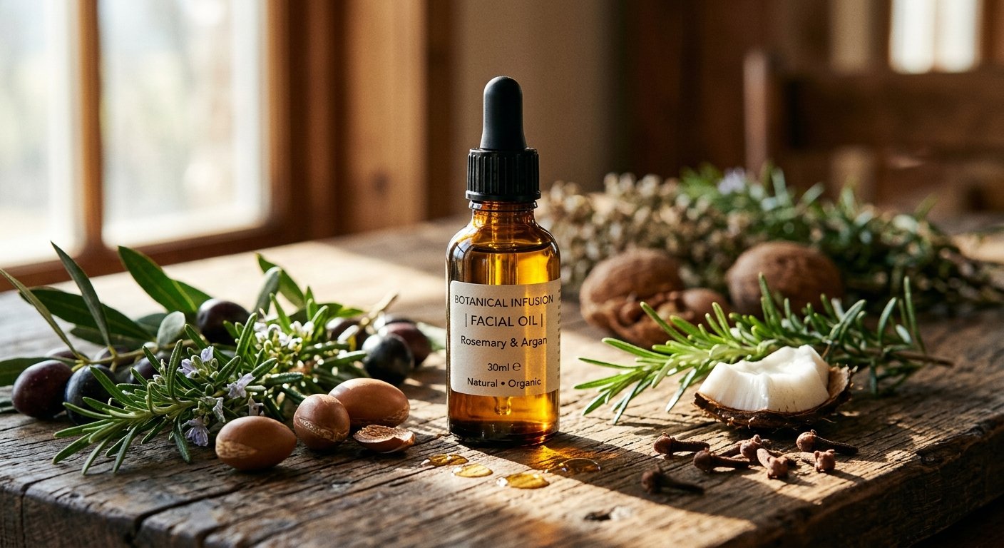 Botol dropper Botanical Infusion Facial Oil Rosemary & Argan dikelilingi kacang argan, daun rosmarin, dan zaitun