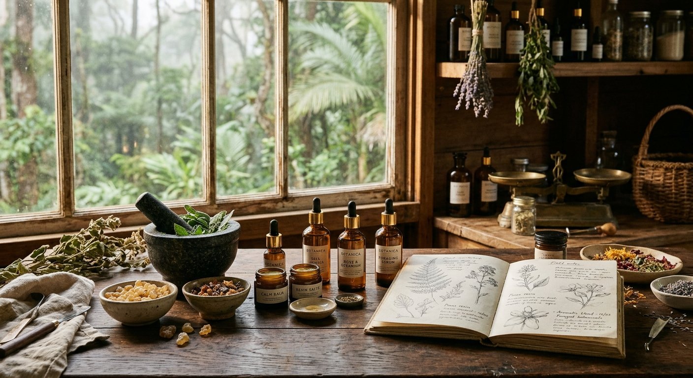 Botol serum herbal, ulekan batu, dan buku sketsa botani di atas meja kayu di depan jendela berlatar hutan