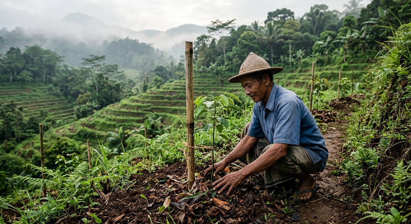 Seorang petani bercaping menanam bibit pohon di lereng bukit terasering yang hijau